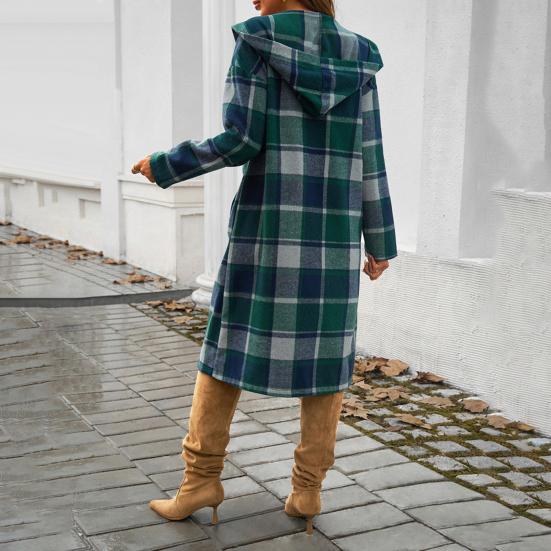 Women Spring Fall Coat with Hood Plaid Printing Loose Mid Length Long