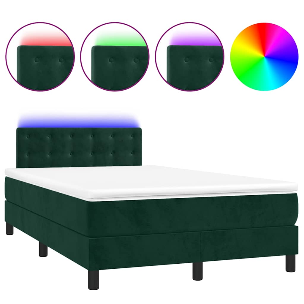 Box Spring Bed with Mattress & LED Dark Green 120 x 200 cm Velvet