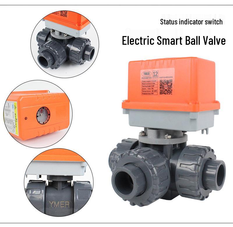 Three-Way UPVC Electric Ball Valve, Double Union, Live Joint, Acid & Alkali Resistant, ABS PVC Plastic, Compatible with AC220V & AC24V.