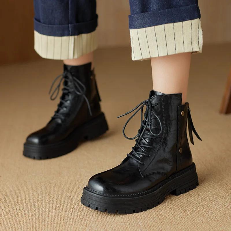 Уличная женская обувь Женские ботинки из натуральной кожи Осенне-зимние теплые женские ботинки с молнией сзади Ретро плиссированные мотоциклетные ботинки