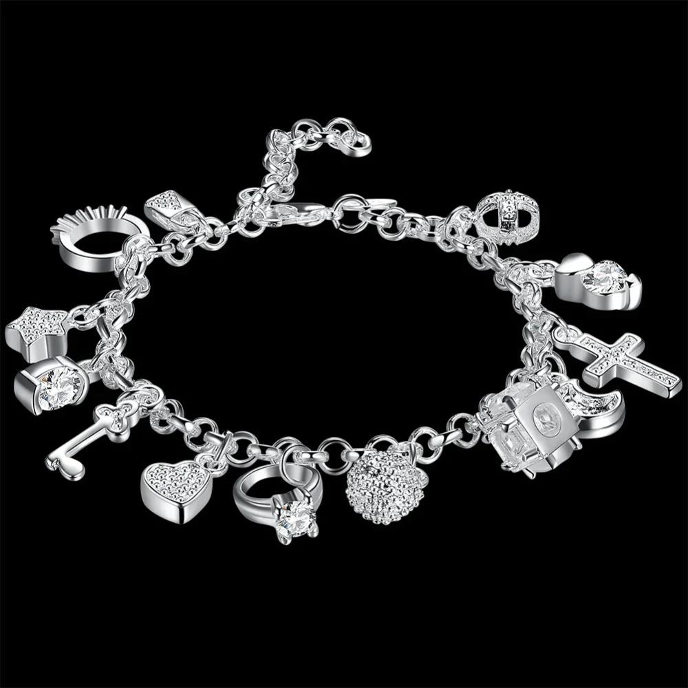 Fashion 925 Silver Bracelet for Woman Pretty Heart Zircon Pendant Chain Wedding Party Gifts Classic Jewelry 20CM 8inch