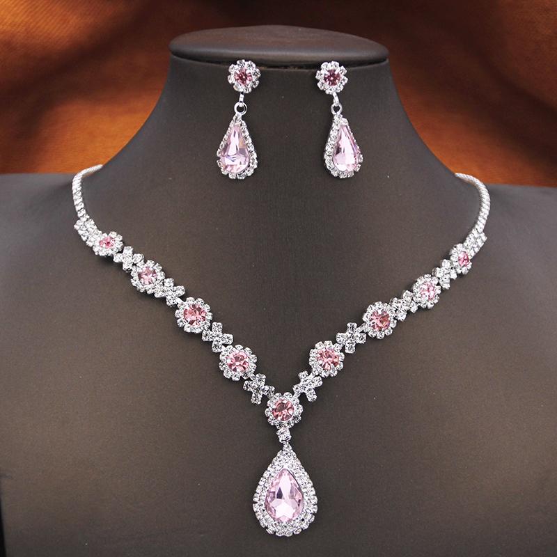 Women's Rhinestone Water Drop Bridal Jewelry Set Birthday Prom Purple Choker Necklace Earrings Wedding Bride Accessory Fashion