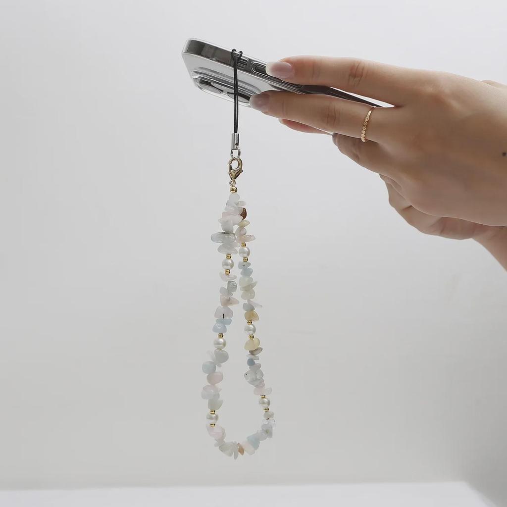 Ремешок для телефона из агата с бусинами из жемчуга и натурального гравия