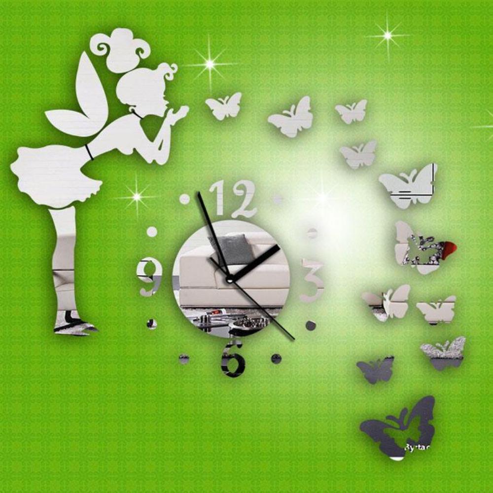 3D Mirror Wall Clock Butterfly Fairy Wall Sticker Frameless Clock Home Office Hotel Decoration