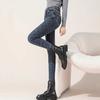 Women Winter Plush Jeans High Waist Thick Velvet Lined Slim Fit Pencil Pants Button Zipper