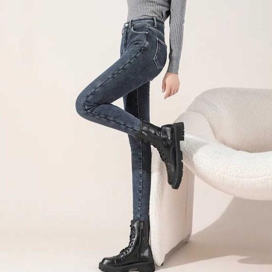 Women Winter Plush Jeans High Waist Thick Velvet Lined Slim Fit Pencil Pants Button Zipper