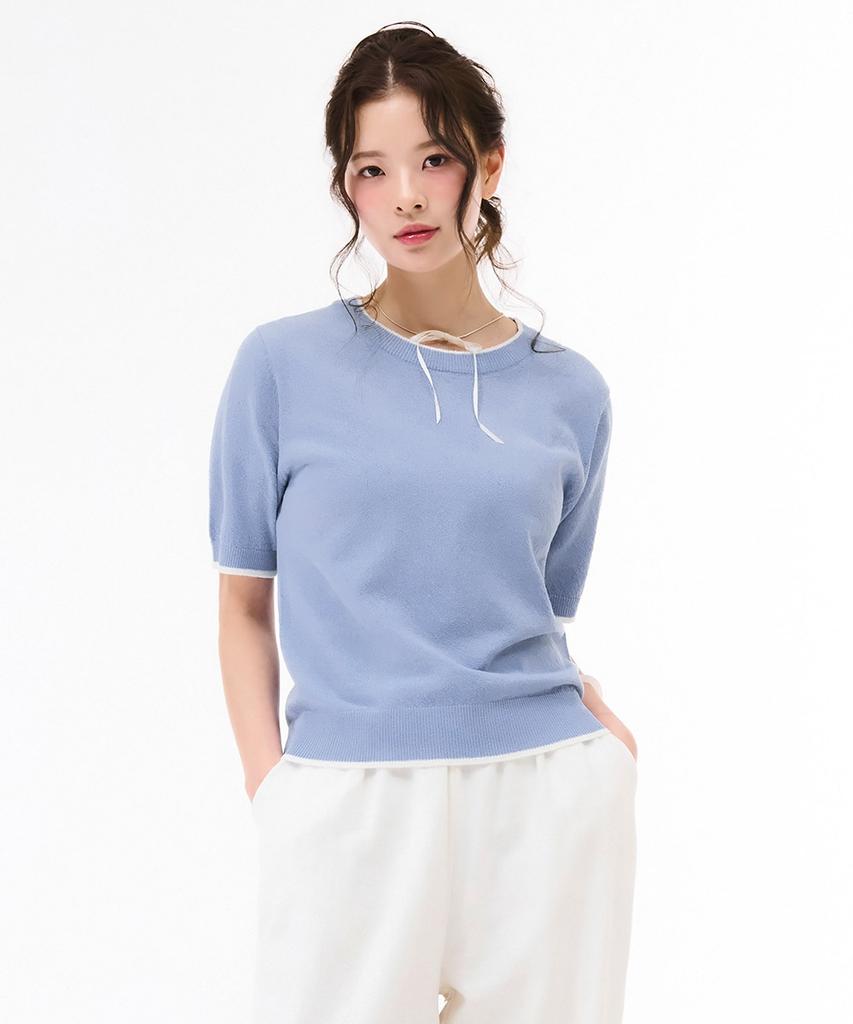 CHASECULT Women'S Crew Neck Contrast Tip Sweater - Sky Blue