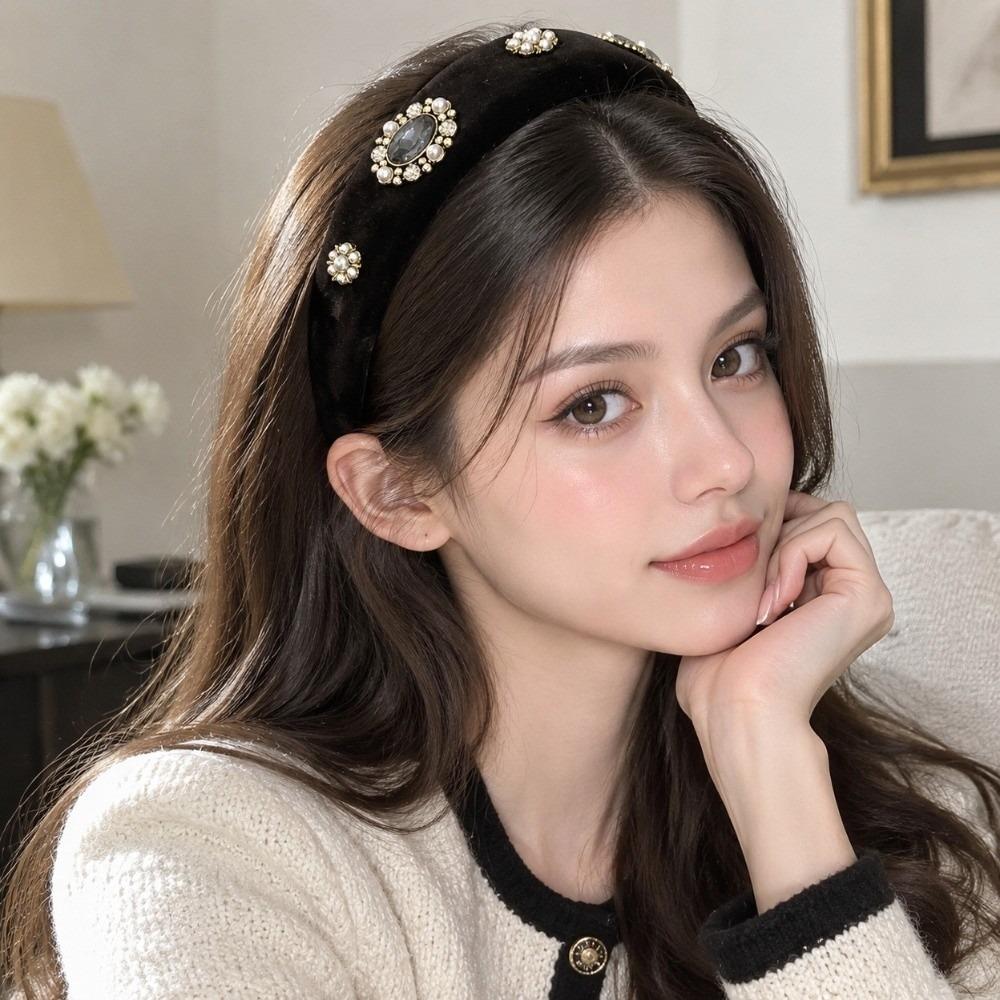 Wide Velvet Headband Rhinestone Hairband Sweet Vintage Hair Hoop Autumn Winter