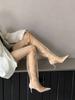 Модные женские сапоги с острым носком до колена, сетчатые, тонкие, высокие каблуки, черные, бежевые, полые, сексуальные, для вечеринок, летние, длинные, туфли на шпильках