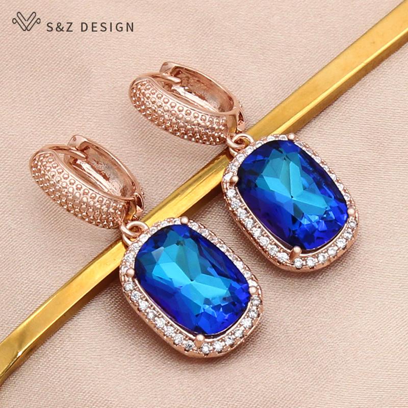 Fashion Luxury Rectangle Crystal Drop Earrings For Women Wedding Jewelry Rose Gold Color Zirconia Eardrop