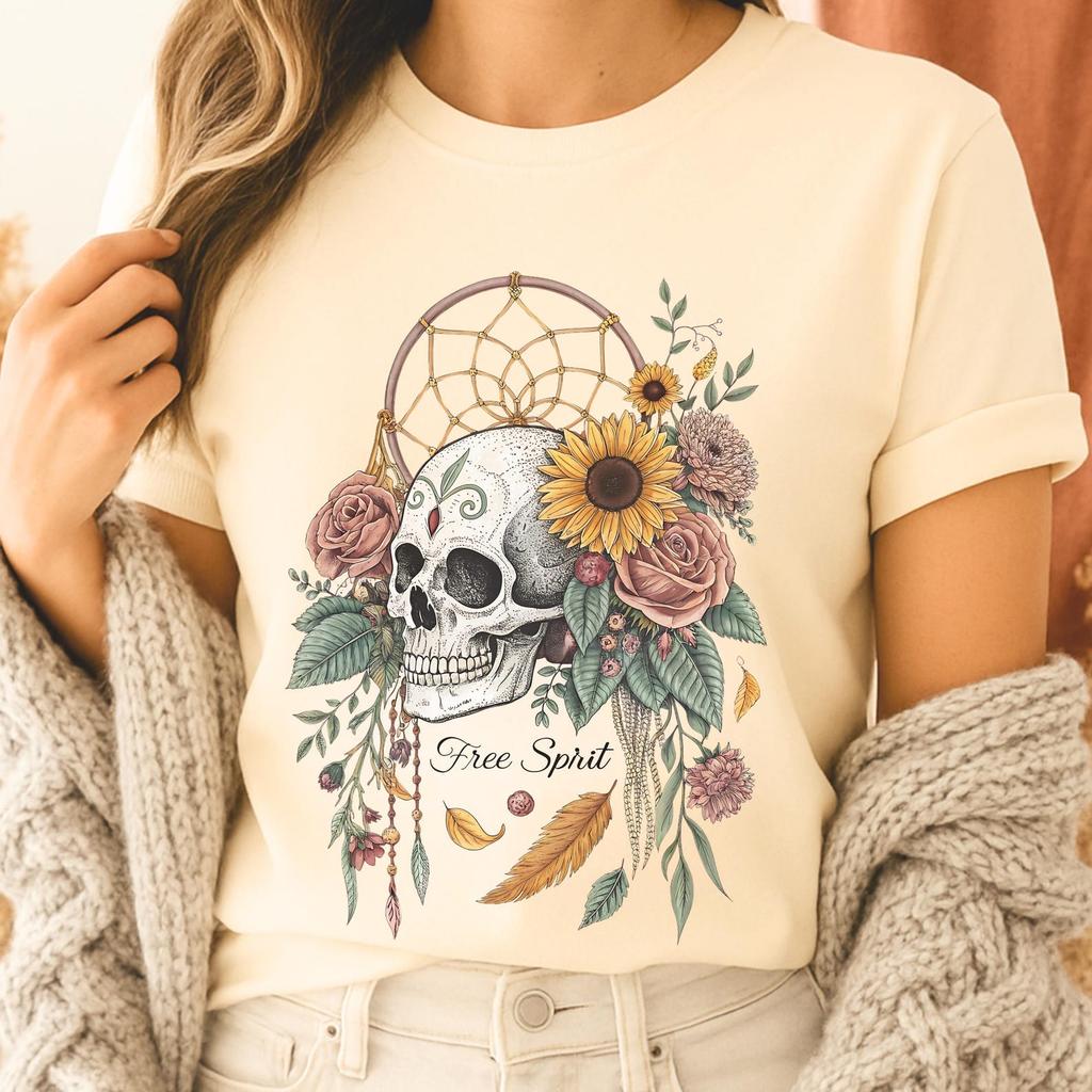 Free Spirit Comfort Colours Shirt Flower Skull Tshirt Floral Skulls T-shirt Skeleton Shirt Gothic Shirt Boho Gift For Her Dreamcatcher Tee