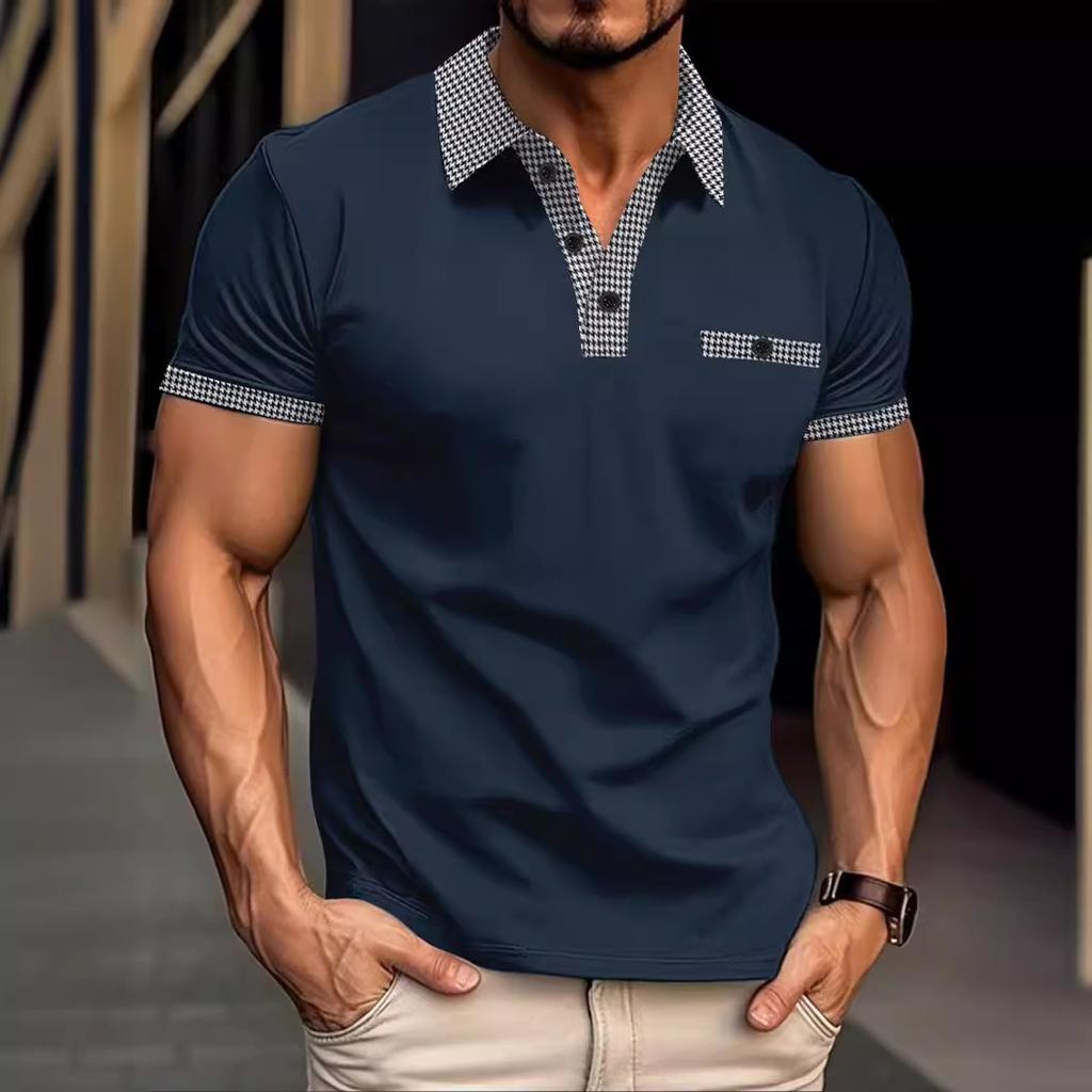 Летняя мужская повседневная рубашка-поло с коротким рукавом и лацканами из ситца с имитацией кармана