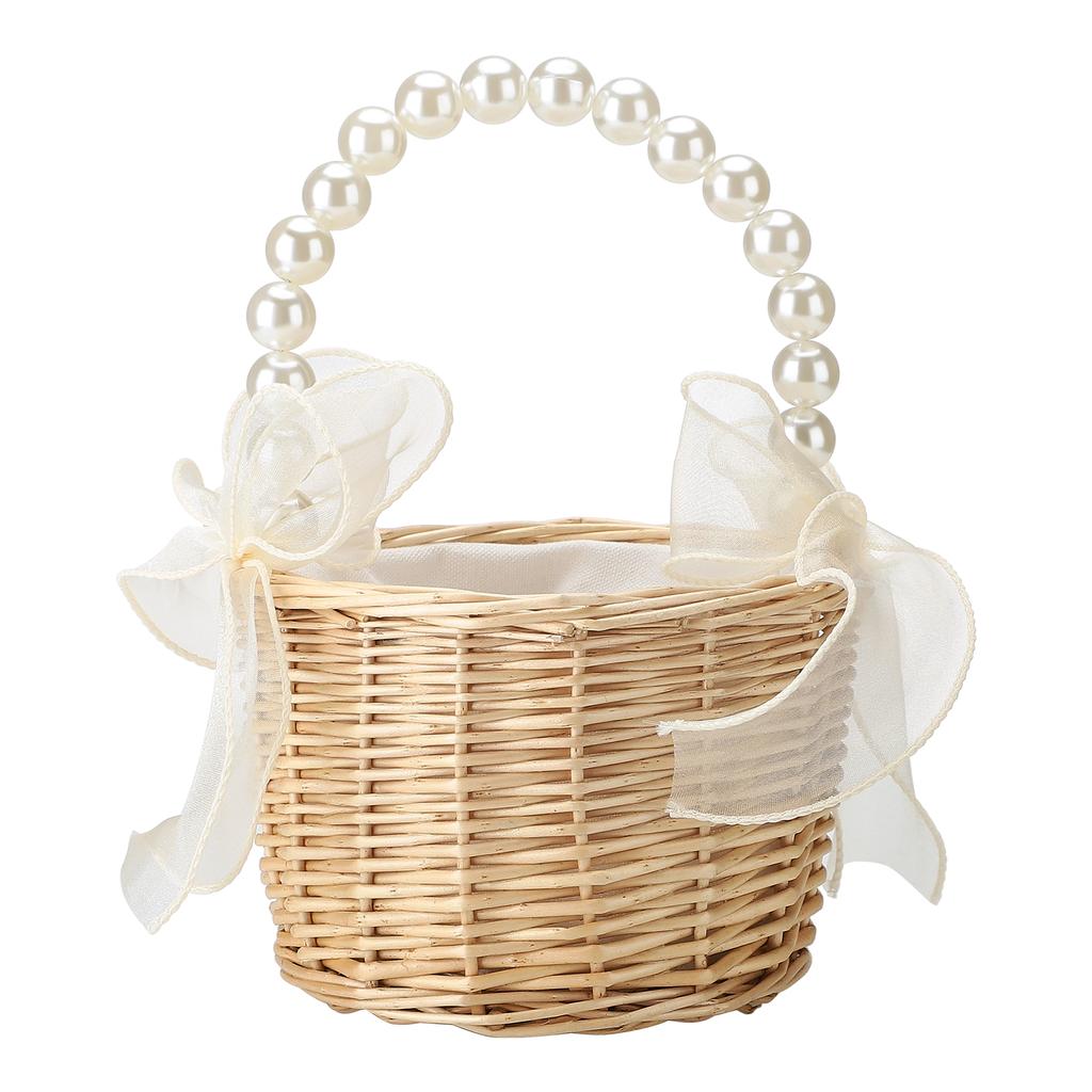2pcs Pearl Carrying Basket Brown Rattan Small Pearl Handle Flower Basket for Wedding Gift Packaging