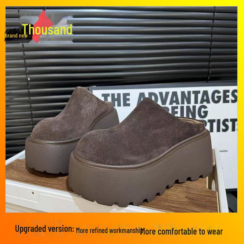 Женские ретро-тапочки из мягкой кожи на платформе с мехом — закрытый носок, толстая подошва, увеличивают рост, универсальные для отдыха на природе