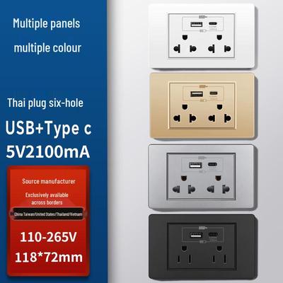 Тайская 15А 110В-250В Панель с шестью розетками, USB Type-C зарядкой и выключателем