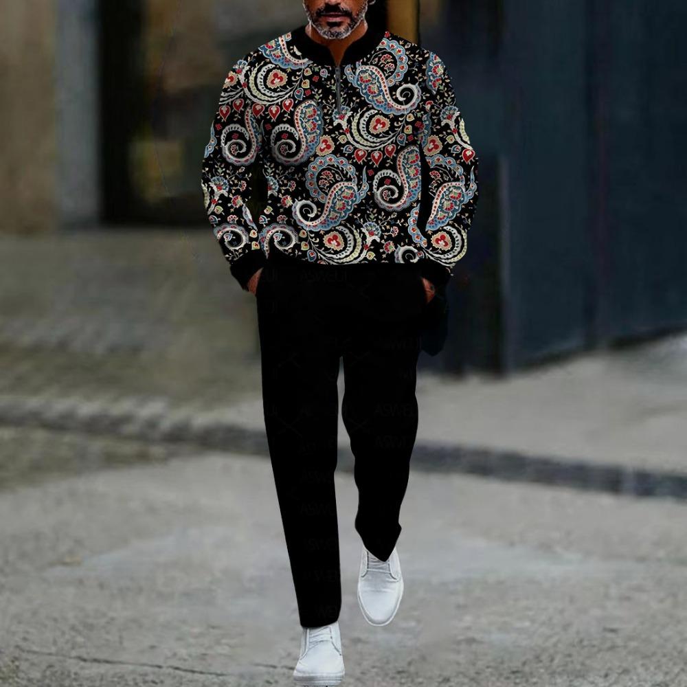 Весенне-осенние модные мужские комплекты с 3D-принтом, мужская повседневная спортивная одежда из двух предметов с воротником-стойкой на молнии