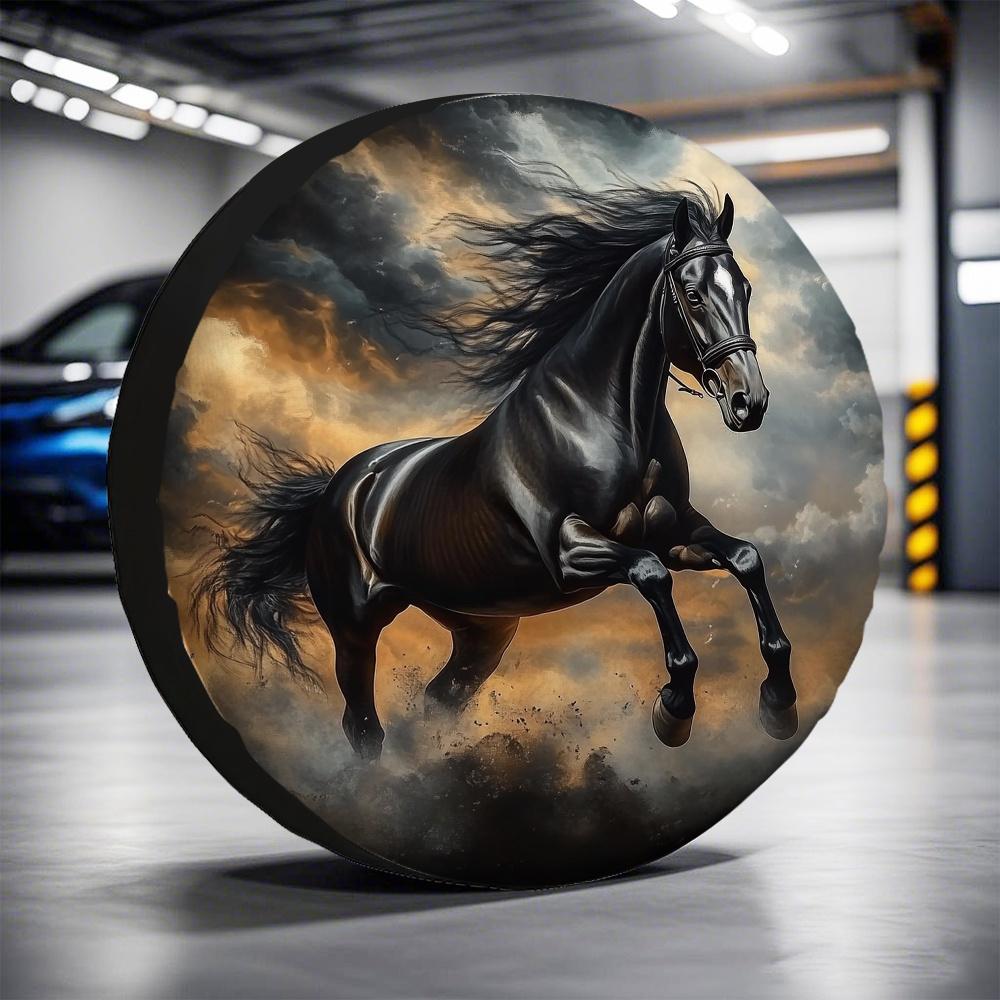 Black Horse Galloping Tire Cover Polyester Waterproof Trailer Wheel Protector Spare Tire Cover