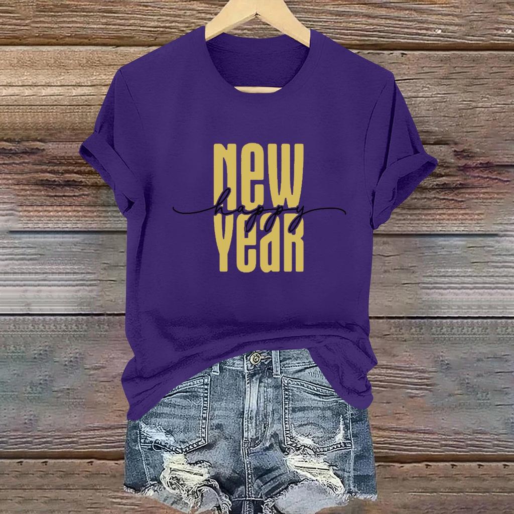 Women's Long Sleeve Round Neck T-Shirts 2025 New Year Print Puff Sleeve Shirts Button Blouses Tops