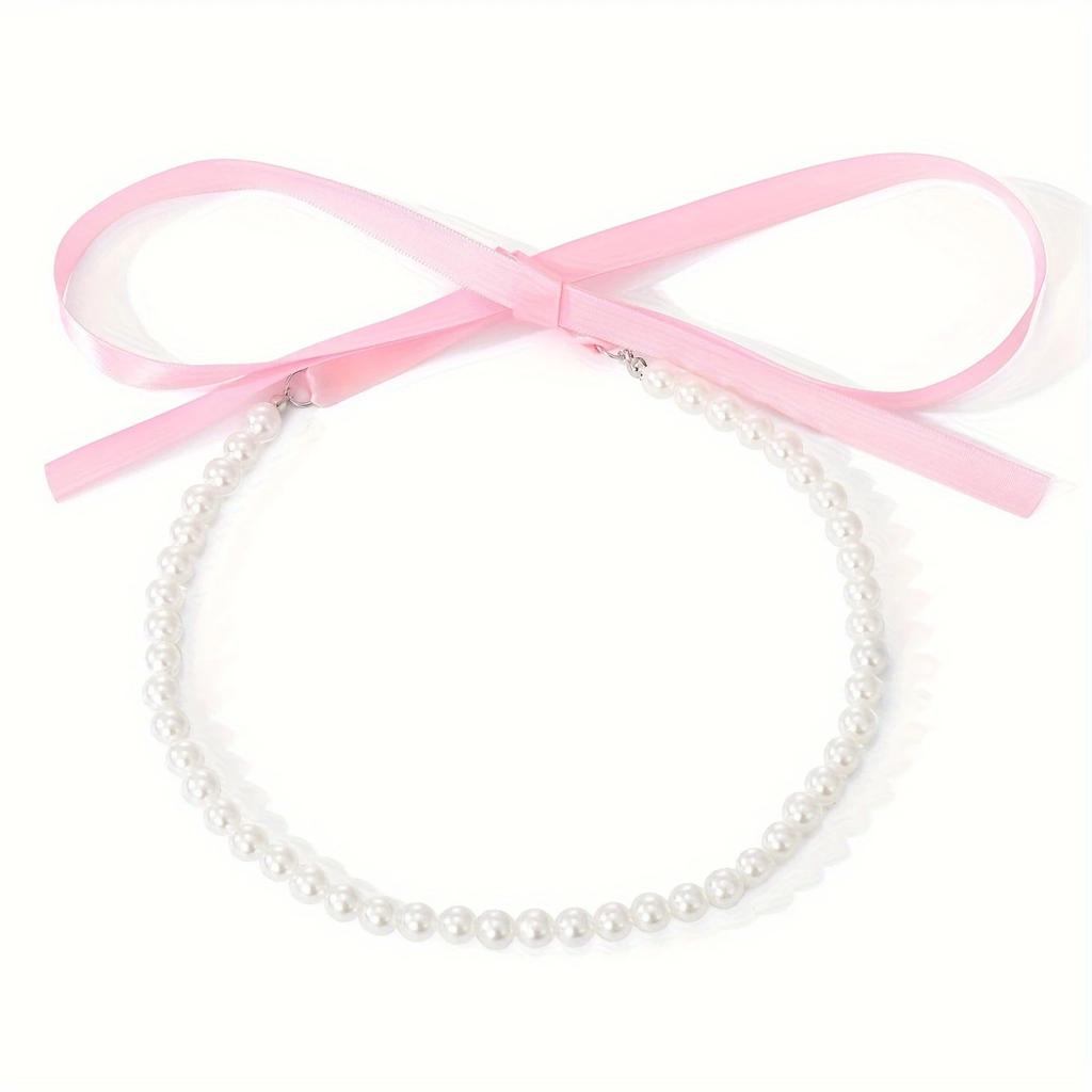 Винтажное длинное колье-цепочка с лентой-бантом на ключицу, бархатное колье на шнуровке с искусственным жемчугом