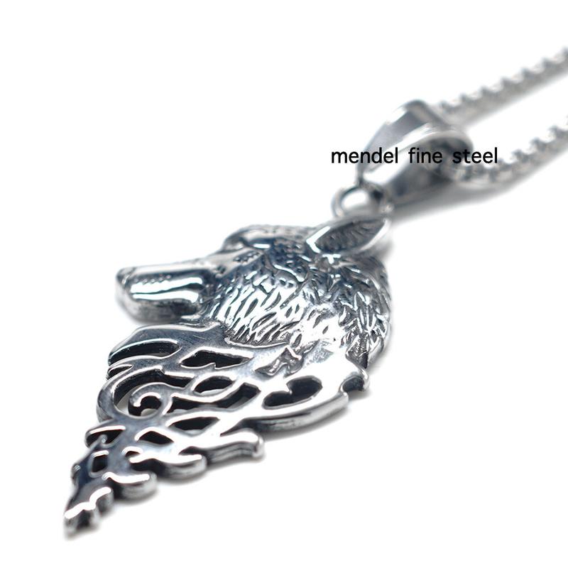 Mens Stainless Steel Viking Fenrir Wolf Head Pendant Necklace Men Silver