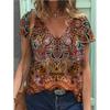 Ethnic Style Floral 3D Print T-Shirts Women V-Neck Short Sleeve T Shirt Streetwear Y2k Top Harajuku Oversized Tee Woman Clothing
