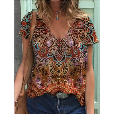 Футболки в этническом стиле с цветочным принтом 3D, женские футболки с V-образным вырезом и коротким рукавом, уличная одежда, топ Y2k, футболка Harajuku большого размера, женская одежда
