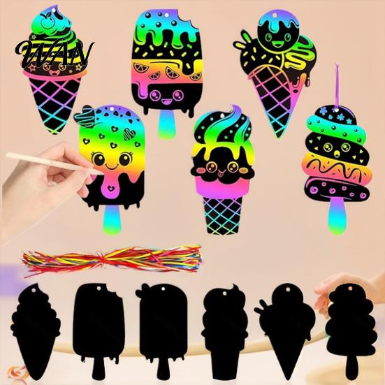 Educational Hands on Toys 12 Pcs Ice Cream Scratch Card, Rainbow Summer Sweet Dessert Card Kit with Kids Craft Activity Sticks And Ribbon, DIY