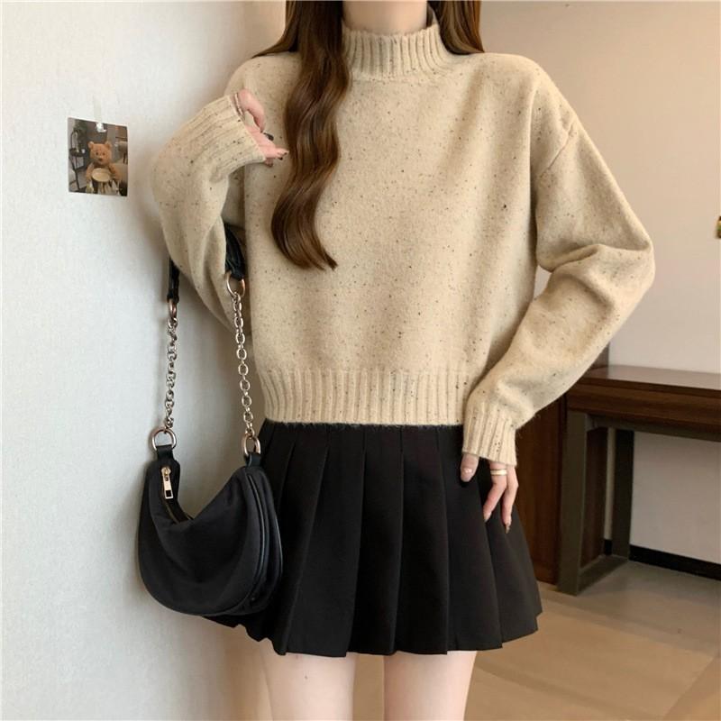 Womens Loose Fit Short Cropped Knit Sweater With Mock Neck Long Sleeve Fall Winter 2026 Casual Layering Top