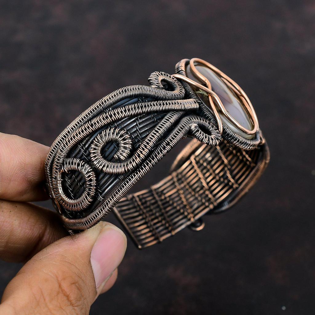 Браслет-манжета с агатом Монтана, браслет из медной проволоки, регулируемый браслет-манжета, медные украшения ручной работы, браслет из натурального драгоценного камня, подарок для мамы