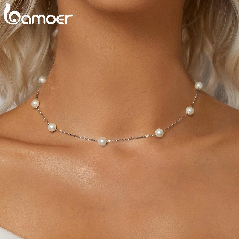 Ожерелье-чокер BAMOER из стерлингового серебра 925 пробы с изысканным жемчугом, белое золото с жемчугом, подвески, ювелирные изделия, подарки для женщин
