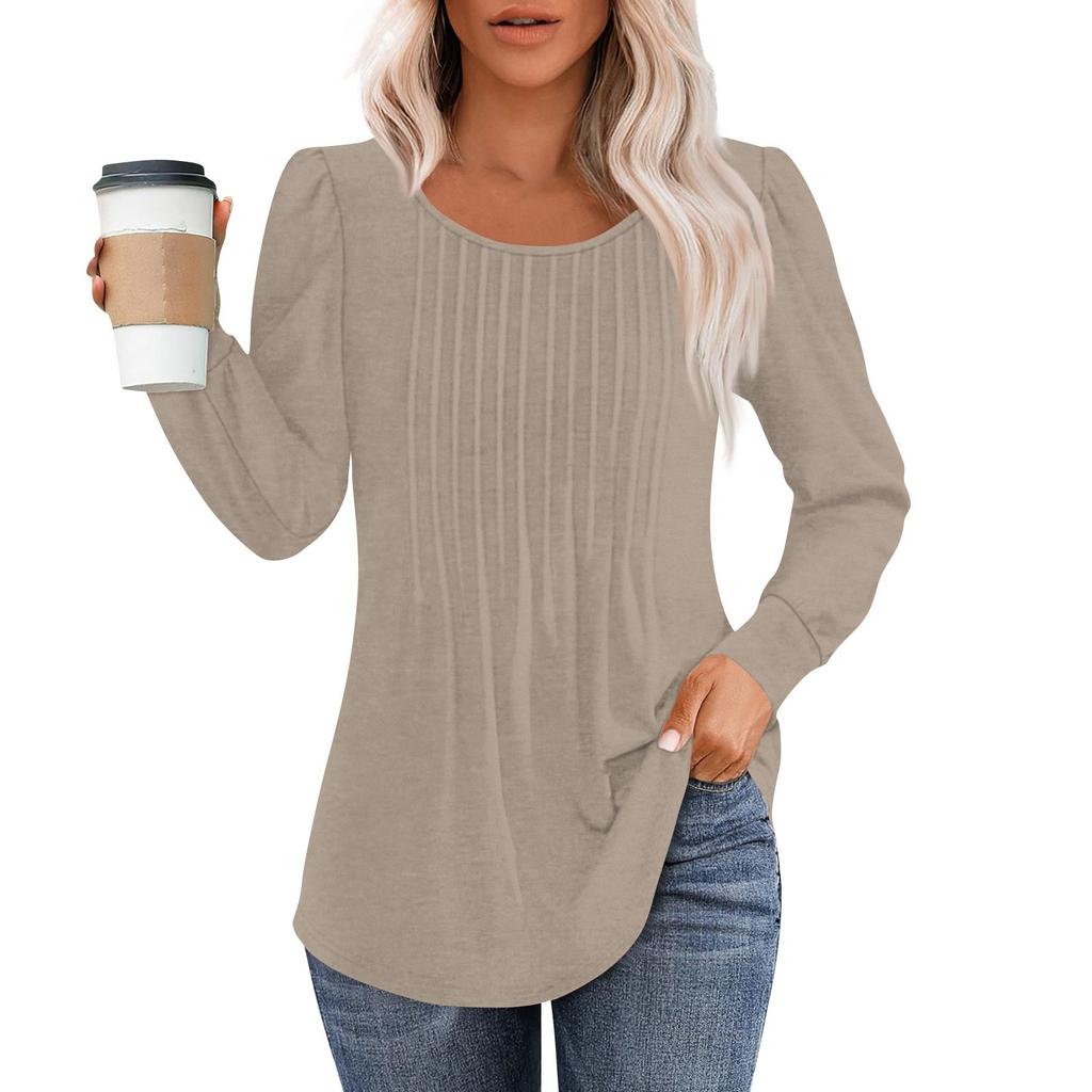 Long Sleeve Shirts For Women Tops Dressy Casual Blouses Pleated Scooped Neck Tunic Tops