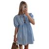 Summer Women Dress Lace-up Bow Decor Hollow Out O Neck Leopard Print Short Puff Sleeves Solid Color A-line Pleated Dating Party Mini Dress