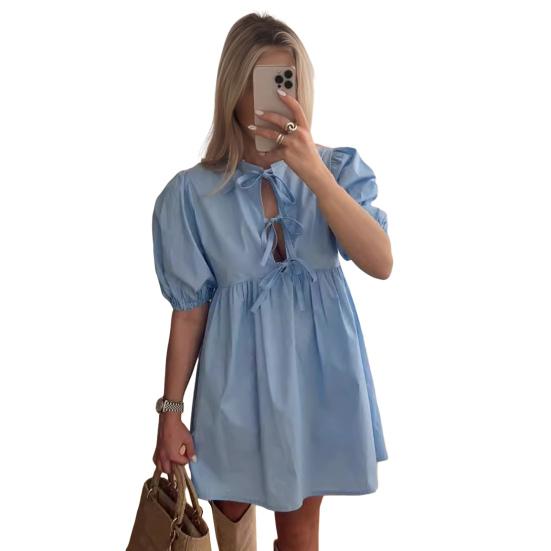 Summer Women Dress Lace-up Bow Decor Hollow Out O Neck Leopard Print Short Puff Sleeves Solid Color A-line Pleated Dating Party Mini Dress