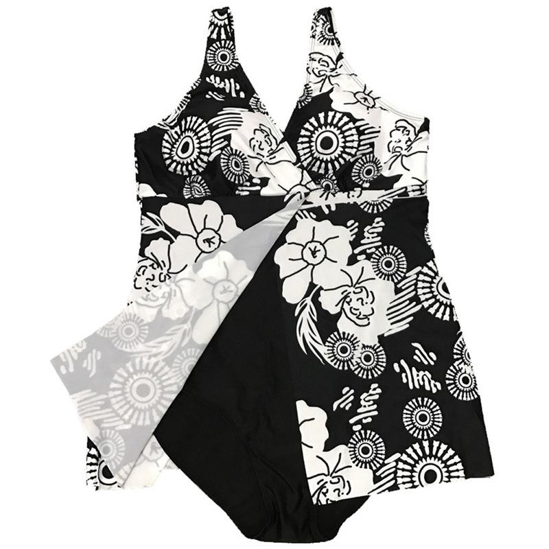 Плюс Размер Женщины Печать Цветочный Цельный Купальник Платье Пляжная Одежда Пляжный Купальный Костюм