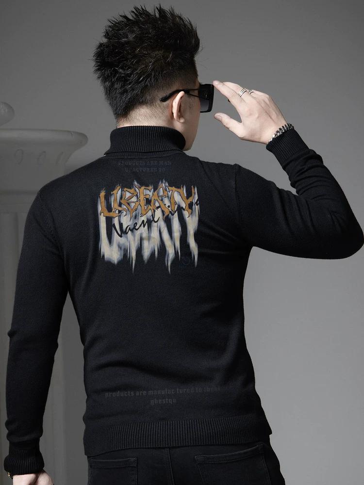 European-Style Men's Turtleneck Knitwear 2025 Autumn and Winter New Fashion Brand Printed Base Shirt Casual Warm Sweater for Men