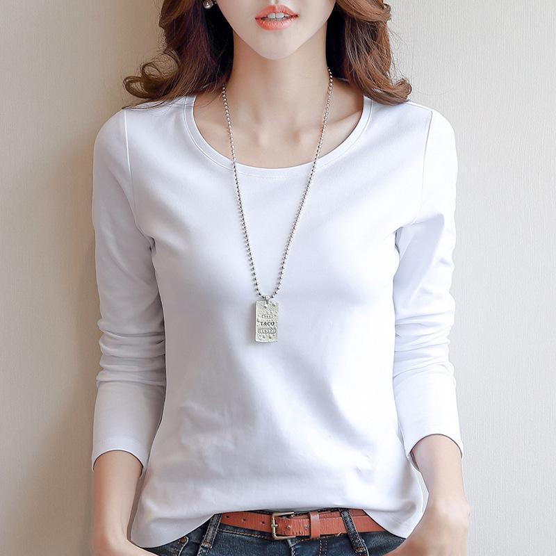 Korean Style Women's Slim Solid Color White Long-Sleeve T-Shirt for Autumn and Winter
