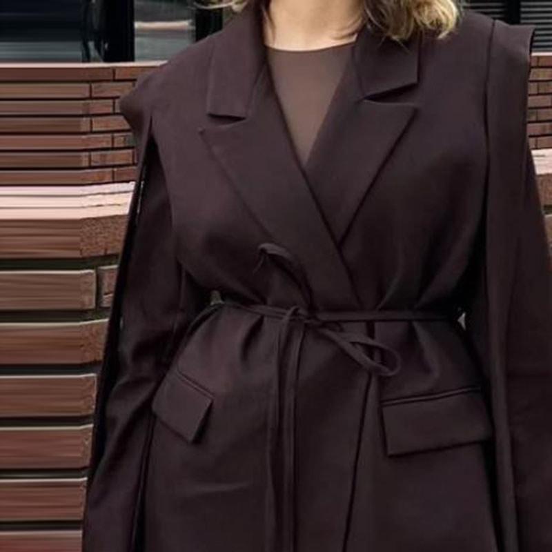 Женский блейзер с лацканами, завязывающимся поясом, пиджак, свободная повседневная и офисная куртка 2025 весна/лето, тонкое пальто с длинным рукавом