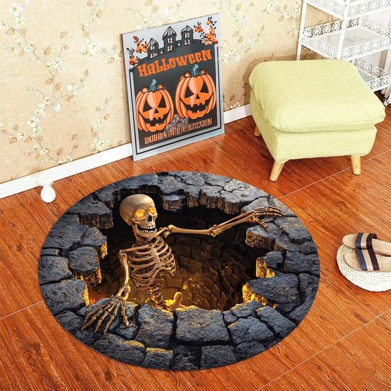 Printed 3d effect Skeleton Illusion Round Rug, Creepy Realistic Bone Floor Mat for Halloween Haunted House Party Decor