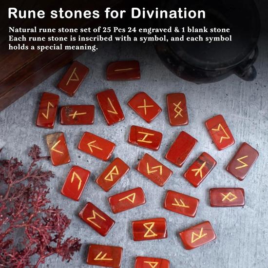 Crocon Mothers Day Gift Red Jasper Rectangle Shape Gemstone Runes with Elder Futhark Alphabet Engraved 25 Pcs Rune Set | Size : 20-25mm