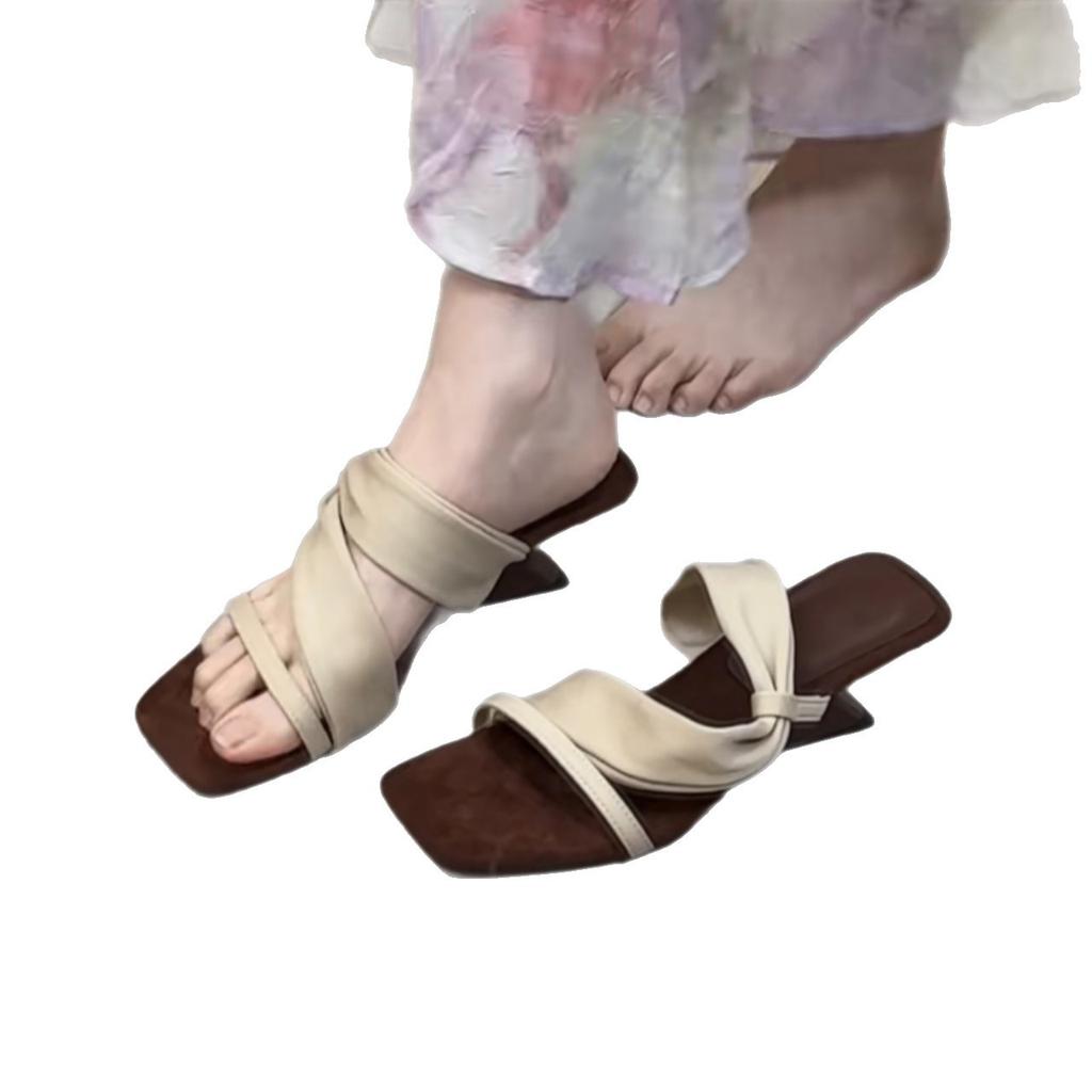 Soft Leather Version~ French Retro Square Head Casual Word with Sandals Daily Wear Two High-heeled Sandals 2025 New Models