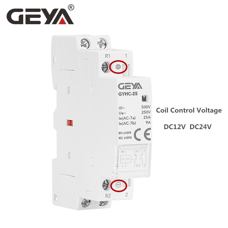 GEYA Din Rail Modular Contactor DC12V DC24V Coil Voltage 25A 2NO 2NC 1NO1NC 50/60Hz AC220V Contactor DC