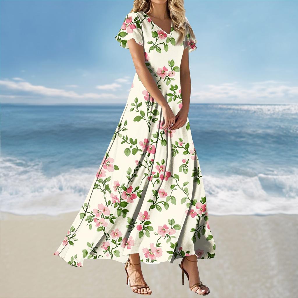 Женское свободное повседневное платье с V-образным вырезом, короткими рукавами, завышенной талией и принтом