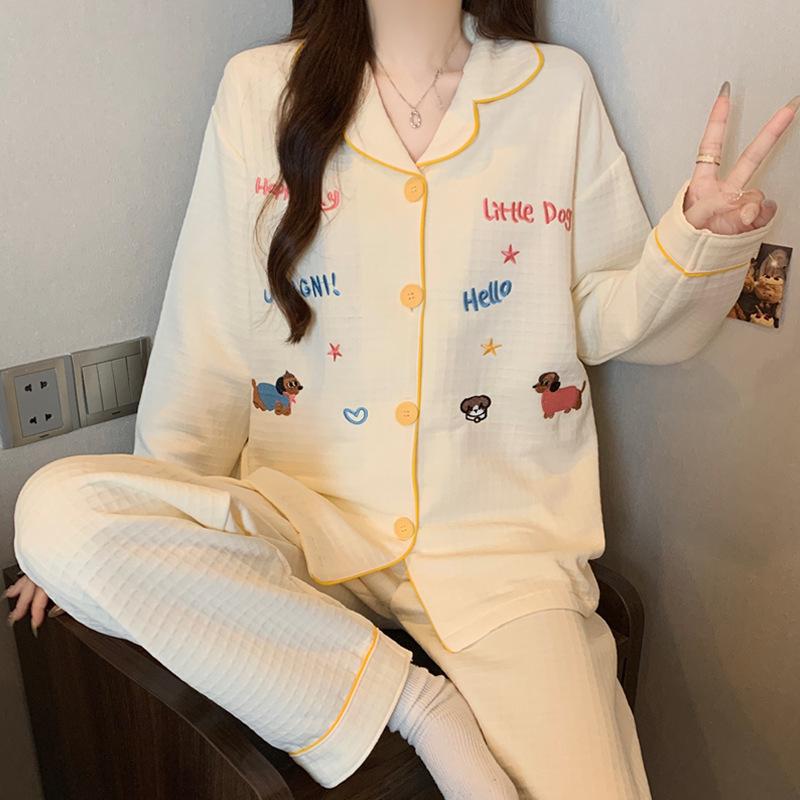 Air cotton pajamas women's autumn and winter interlayer warm long-sleeved suit cartoon embroidered loungewear real shot