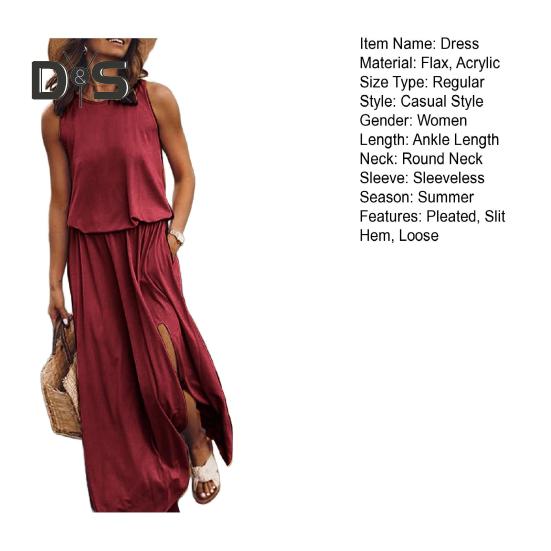 Женское летнее платье с плиссировкой, круглым вырезом, без рукавов, однотонное, свободное, с разрезом, макси-платье, повседневная одежда для свиданий, вечеринок, длинное платье