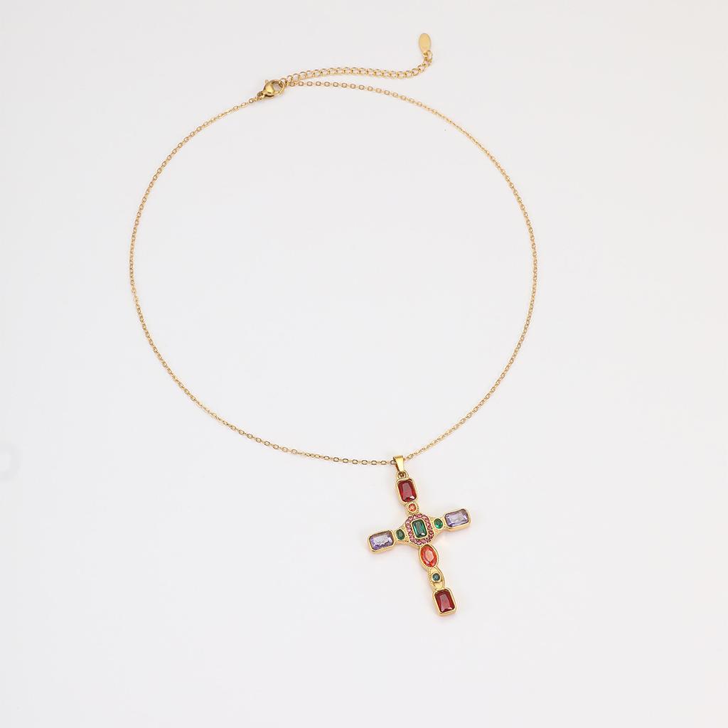 GEMCHIC Women's Vintage Cross Necklace Colorful Zircon Stainless Steel Titanium Steel Clavicle Chain Fashion Jewelry