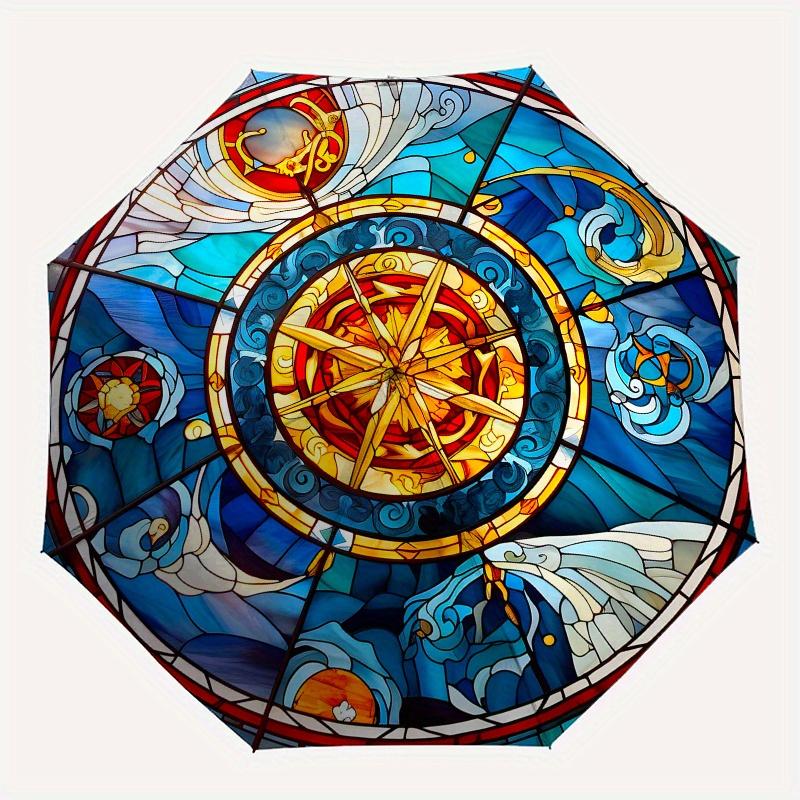 Stained Glass Window Panel with Compass Design, Decorative Art for Home or Church Umbrella, Cute Umbrella with Cute Design, Portable 3-Fold Compact Um