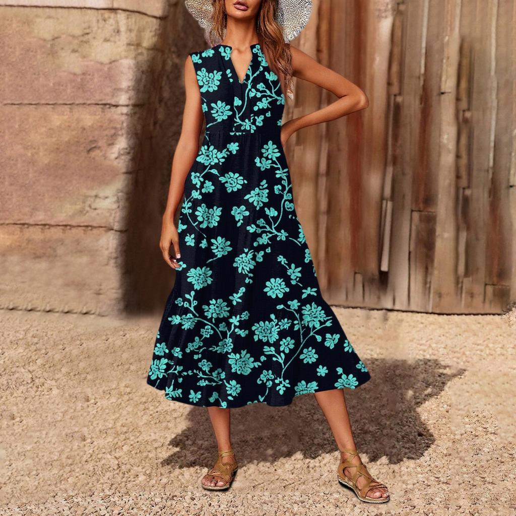 Women's Casual And Fashionable V-neck Sleeveless Printing Mid Length Dress