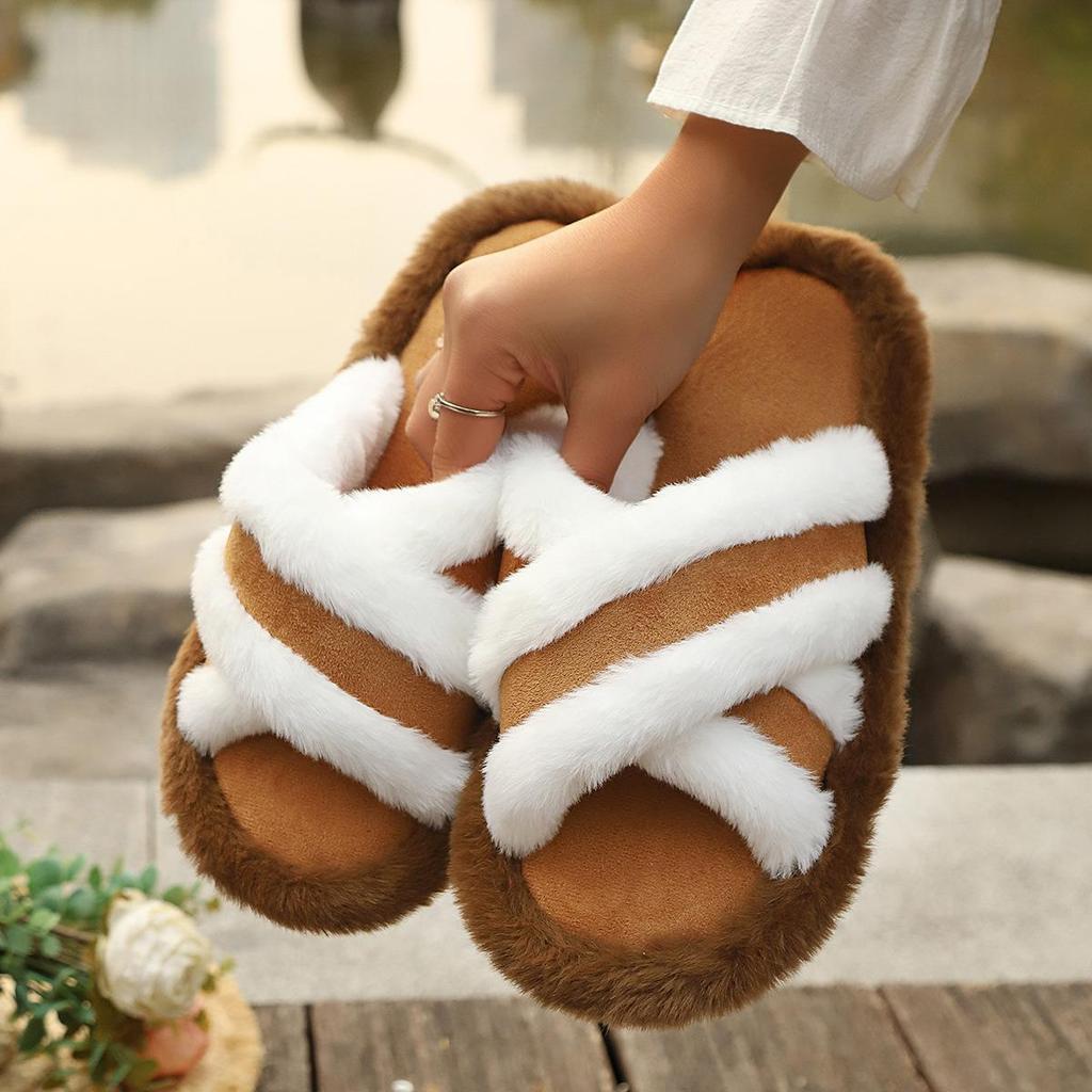 Women's Cross-Strap Patchwork Furry Slippers - Warm, Casual, and Thick-Soled for Spring and Autumn
