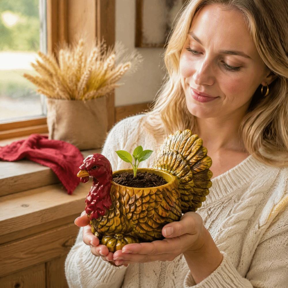 Top-Opening Fall Turkey Plant Holder Raised Plumage Texture Rustic Turkey Statue Table Centerpiece