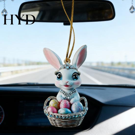 Festive Easter Accessory Bunny Ornament 2D Flat Acrylic Car Rearview Mirror Charm Cartoon Spring Holiday Egg Hanging Pendant for Home Office